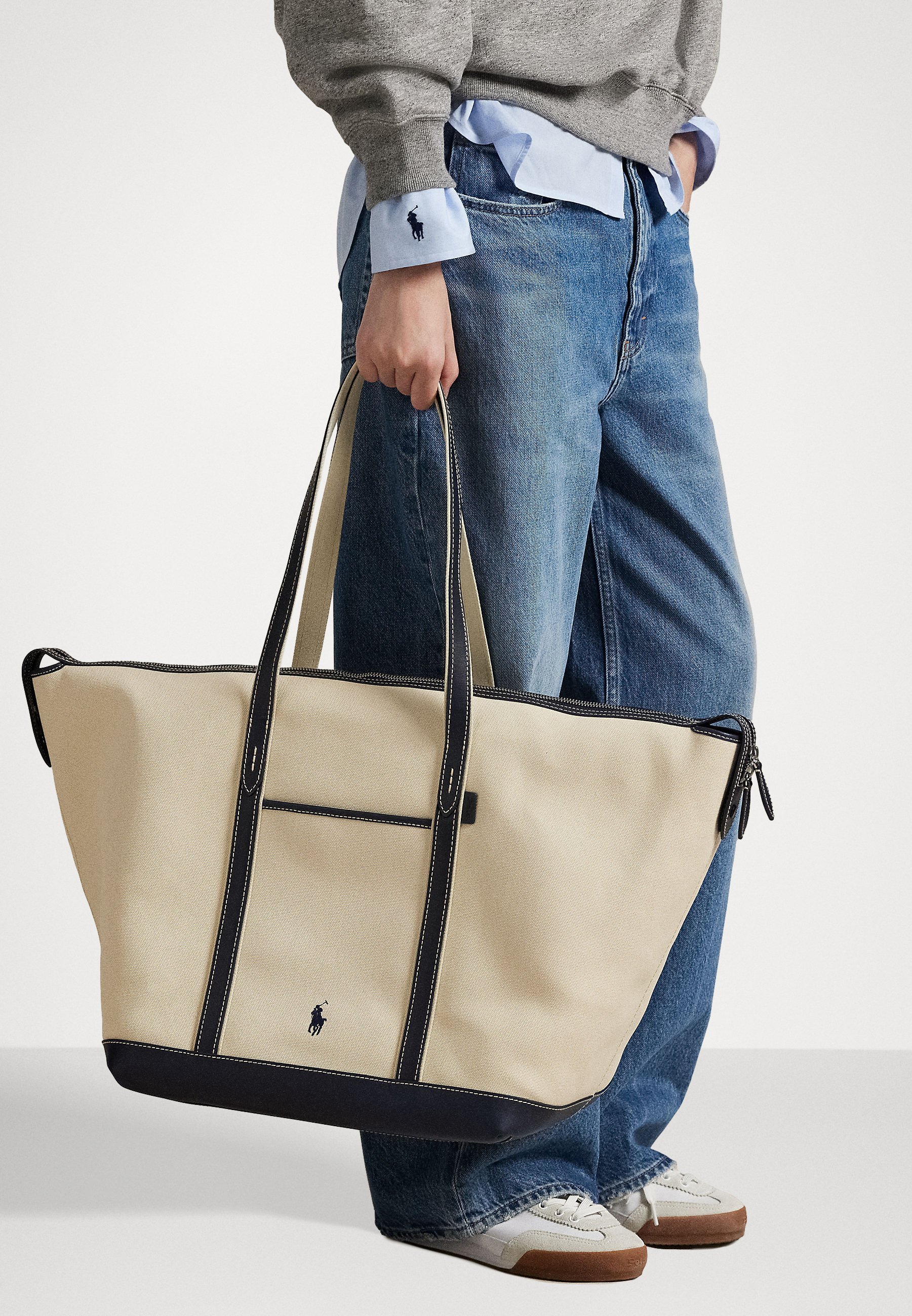 Polo Ralph Lauren LEATHER TRIM CANVAS LARGE SHOPPER TOTE - Tote bag - ecru/navy