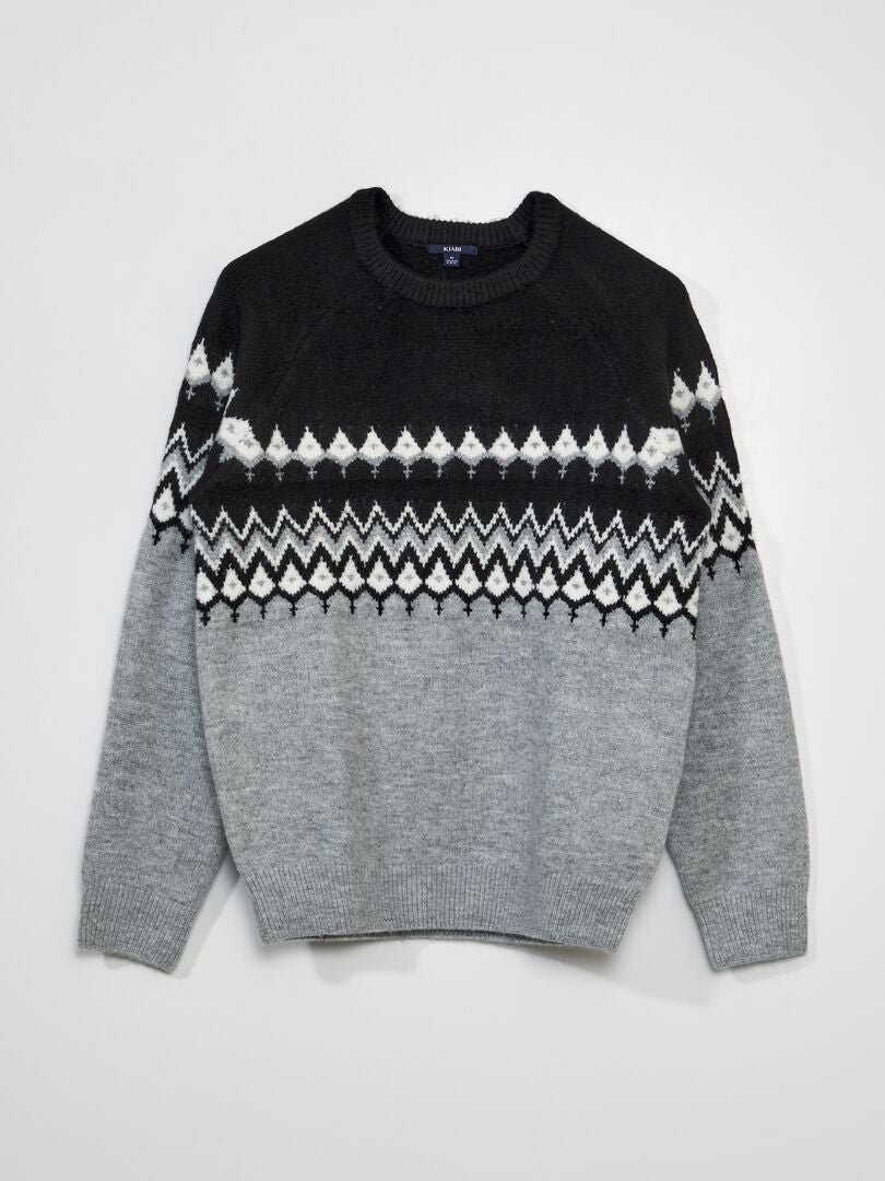 Jacquard gebreide trui met ronde hals - GRIJS