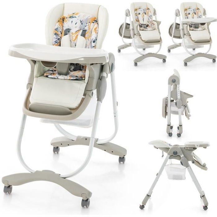 Silla alta plegable para bebé COSTWAY con respaldo reclinable, altura ajustable, bandeja extraíble sin BPA, apta para bebés de 6 meses en adelante, 4 ruedas giratorias, color blanco.