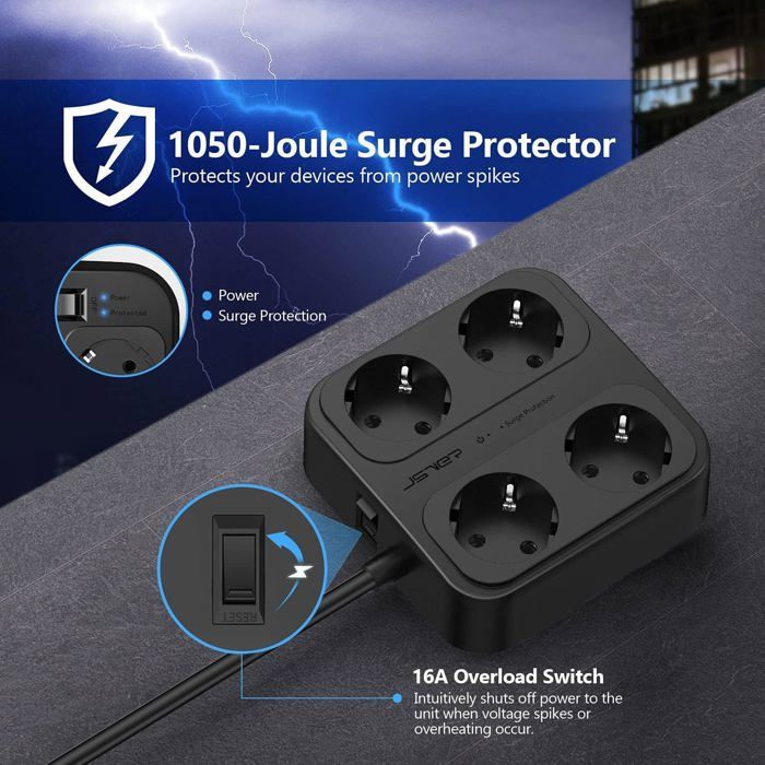 Regleta protectora contra sobretensiones USB de 4 tomas con 3 puertos USB-A + 1 puerto USB-C y cargador (5V 3.4A)