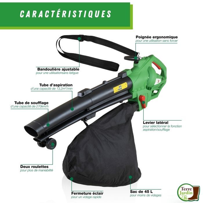 Soffiatore/aspiratore/trituratore con filo da 3000 W - Pulizie di primavera - Patio, giardino, prato - TERRENO DA GIARDINO - 270 km/h - Sacco da 45 l