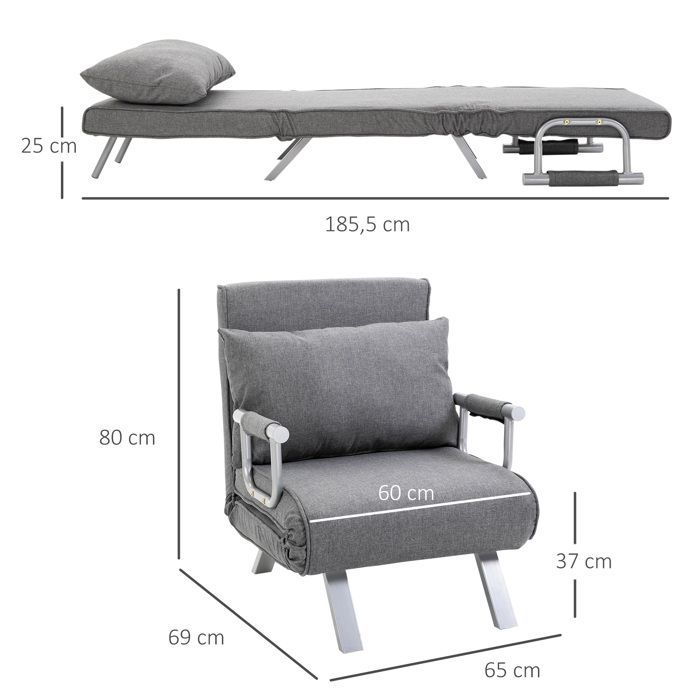 Poltrona/divano letto trasformabile - HOMCOM - 1 posto con rivestimento sfoderabile, alto comfort, gambe in metallo - lino - grigio chiaro