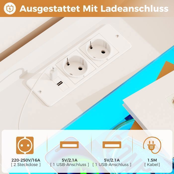 Set of 2 Bedside Tables 40×35×60cm with Glass Top, 2 USB Ports and Sockets, Adjustable LED, 2 Drawers, White
