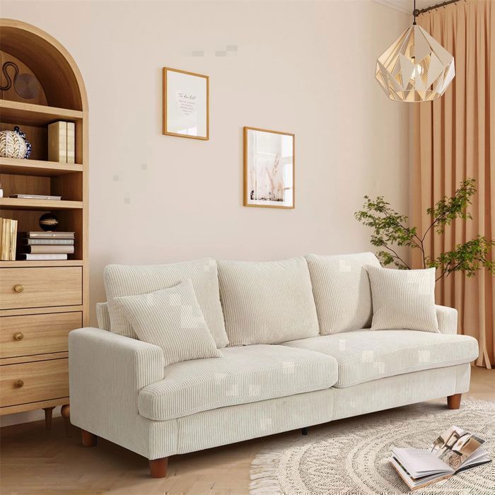 Large 3-Seater Beige Corduroy Sofa, Scandinavian Style with 3 Cushions and 2 Pillows for the Living Room, 220×76×84cm
