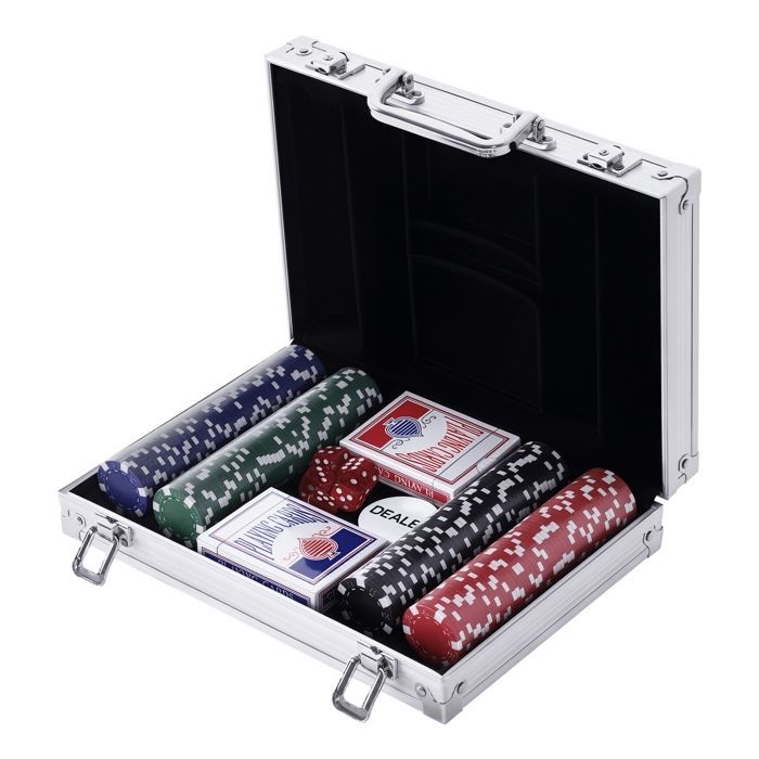 Juego de póker - HOMCOM - Juego completo con 200 fichas, 2 barajas de cartas, 2 llaves y estuche - Aluminio - Gris
