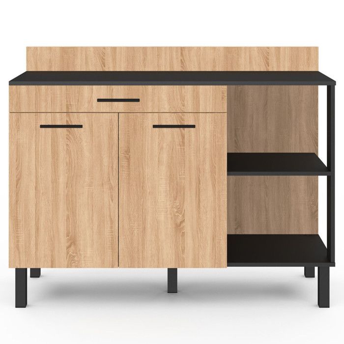 IDMARKET Buffet bas de cuisine 120 cm CINA plan de travail H.83 cm 2 portes + tiroir noir et façon hêtre