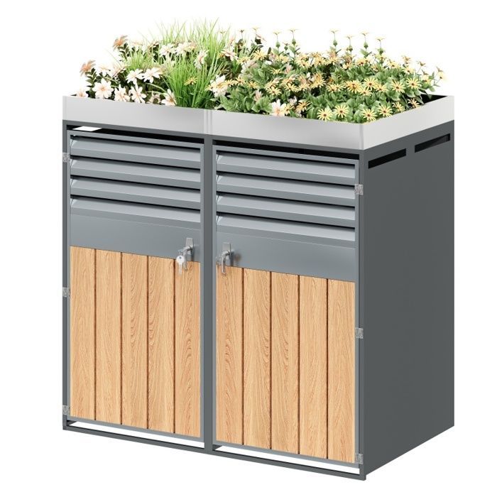 Cache-poubelle double - LANGTU - Cache-poubelle double avec jardinière - Acier galvanisé - Ventilé - Portes verrouillables