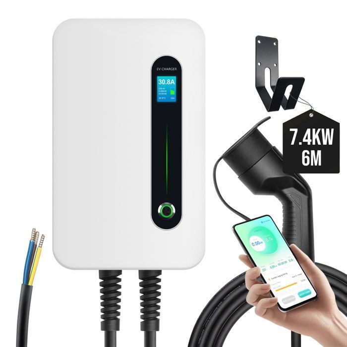Morec APP 7kW 32A Single-Phase EV Wallbox Charging Station with Bluetooth/Wi-Fi Connection, Type 2 Fast Charging Cable, 6 meters, white