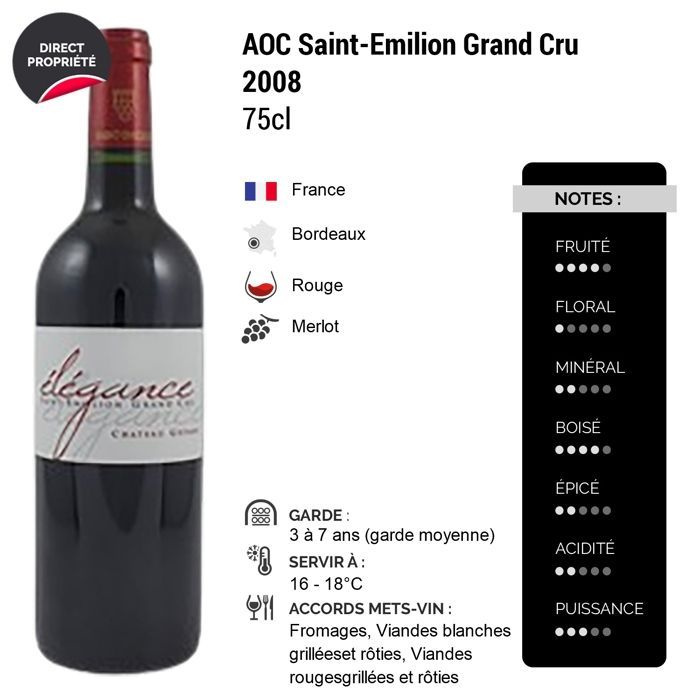Château Gessan Saint-Emilion Grand Cru Élégance 2008 - Vin Rouge de Bordeaux (3x75cl)