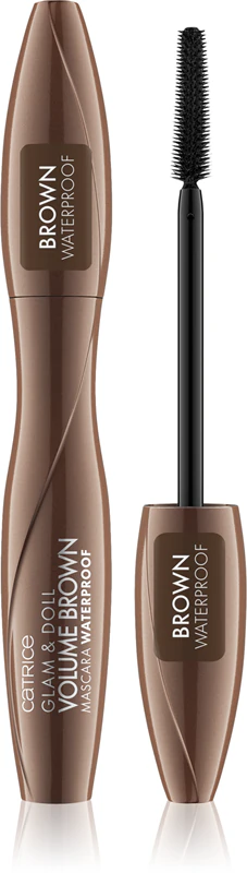 Máscara para cílios à prova d'água Catrice Glam & Doll Volume Brown que alonga, curva e dá volume aos cílios.
