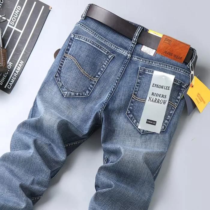 Pantalones vaqueros FUNMOON para hombre, pierna recta elástica, estilo casual de negocios, corte ajustado premium.