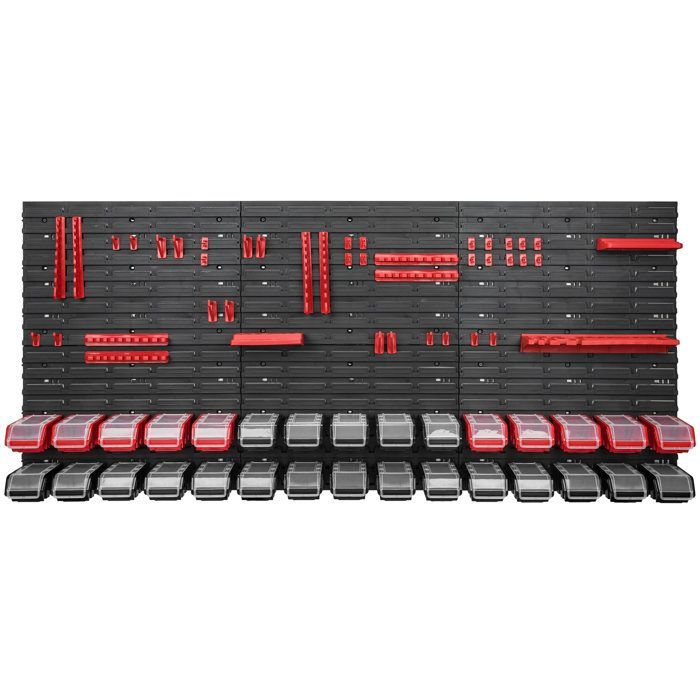Étagère murale - BOTLE - 173 x 78 cm - 30 boîtes empilables - Plastique rouge et noir - Outils inclus