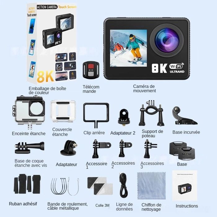 8K 30FPS Sports Camera - 170° Wide Angle - 30M Waterproof - EIS Anti-shake - Remote Control & Wi-Fi - 64GB - Dual Touch Screen