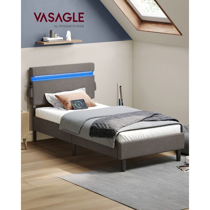 VASAGLE Lit Simple en Métal, 90 x 190 cm, Cadre de Lit, Tête de Lit Réglable, Éclairage LED, Prise Port USB et Type-C, Gris Foncé