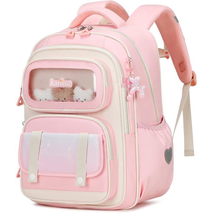 Cartable Primaire pour Filles Sac à Dos Ergonomique pour Enfants du CP au CM2 Sac d'école Décontracté avec Pendentif 20 Litres Rose