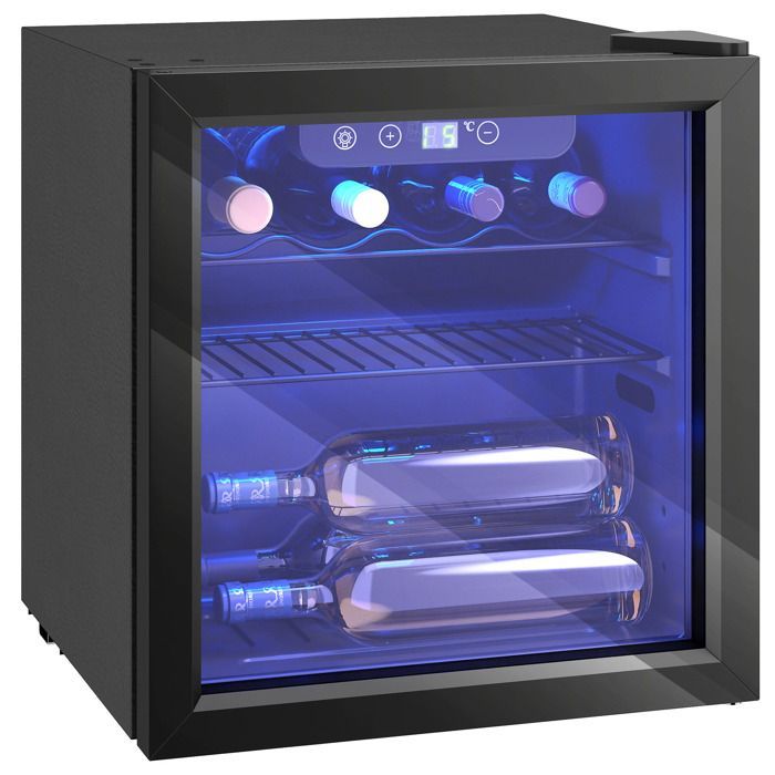 Cave à vin - HOMCOM - 12 bouteilles - température réglable 4-16 °C, porte réversible - acier et verre trempé - 43x41,5x46,5cm - noir