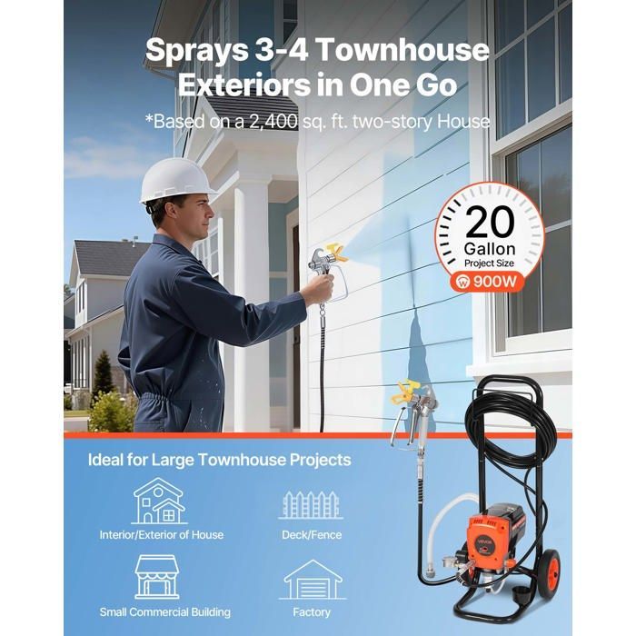 Pulvérisateur de Peinture sans Air sur Pied-VEVOR-Système de Pulvérisation de Peinture 900 W, 3300 PSI, avec Chariot, Brosse