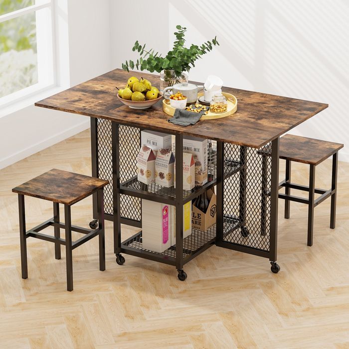 GIANTEX Ensemble de Table à Manger 3 Pièces- Table à Roulettes avec Plateau Pliante et 2 Tabourets- 2 Etagères- Cuisine, Salon