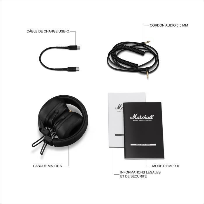 Fones de ouvido sem fio dobráveis MARSHALL Major V - Bluetooth - Preto