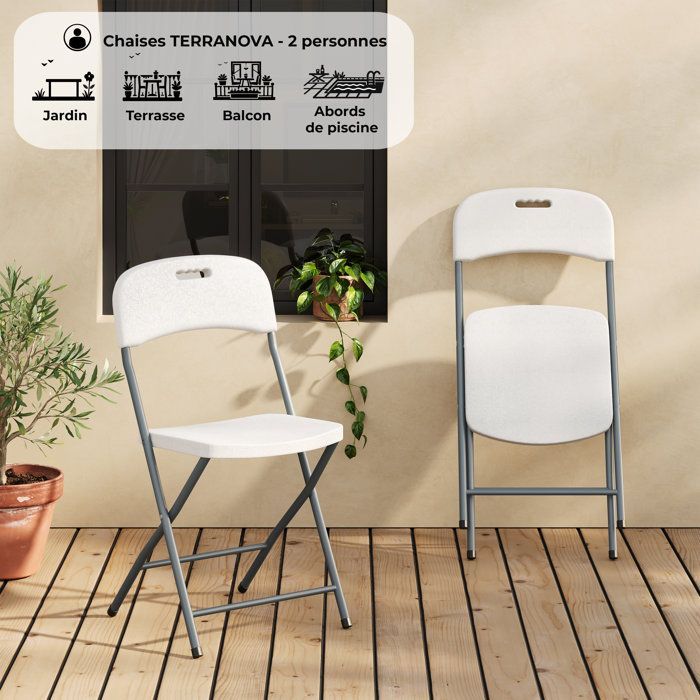 Lot de 2 chaises de réception pliantes - TERRANOVA - 48x44,5xH86 cm - Structure en acier et assise en Polyéthylène PEHD - Blanc