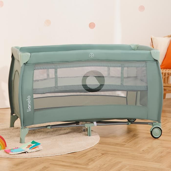Cuna de viaje compacta 2 en 1 LIONELO Stefi Plus - Parque infantil - Colchón de espuma T25 - 0-36 meses - Plegado rápido - 2 ruedas - Verde