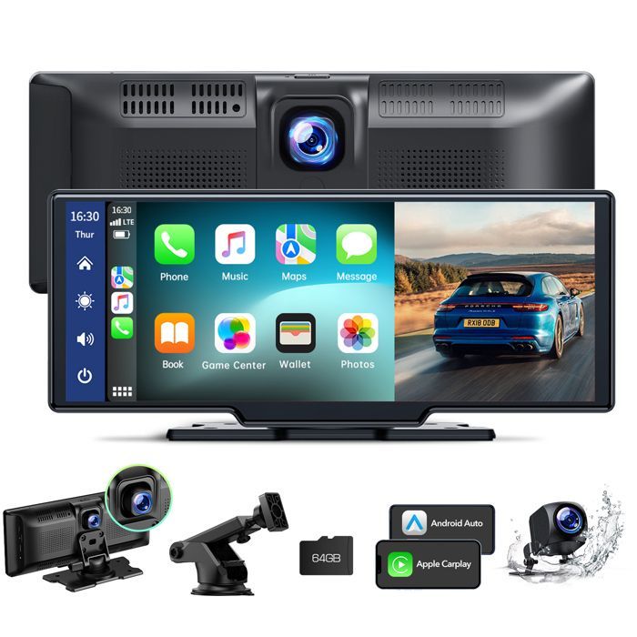 CAMPARK Auto Radio de 10'' con Carplay inalámbrico, cámara frontal 2.5K+1080P y cámara trasera con pantalla táctil para Apple Carplay/Android Auto.
