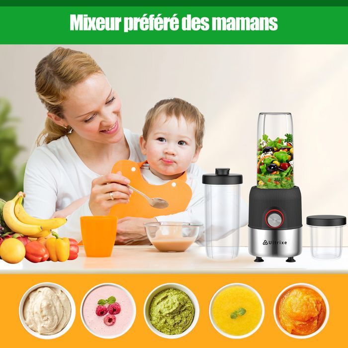 Liquidificador elétrico de 1000 W para smoothies com garrafas de 650 ml e 200 ml livres de BPA e 4 lâminas de aço inoxidável.