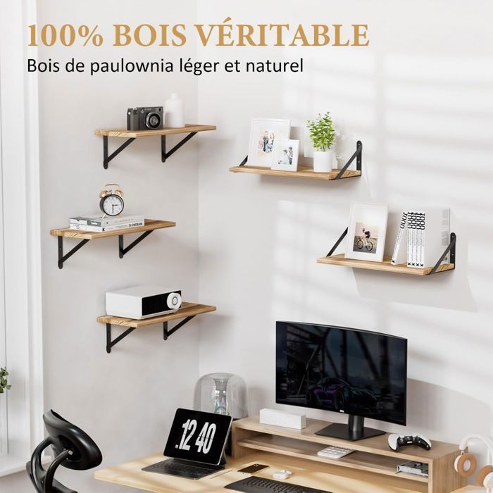 Etagère Murale Bois, Lot de 4 Flottantes Tablettes Métal Charge Maximal 20 Kg pour Salon Chambre Bureau Salle de Bains ou Cuisine