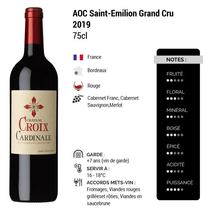 Château Croix Cardinale Saint-Emilion Grand Cru 2019 - Vin Rouge de Bordeaux (6x75cl)