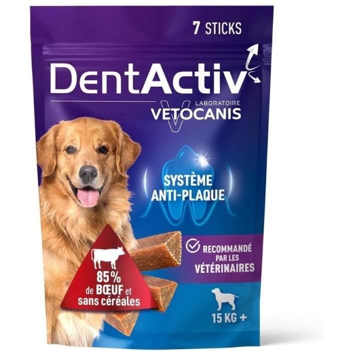 DentActiv - 7 Bâtonnets -  VETOCANIS - 7 Bâtonnets Hygiène Bucco-Dentaire au Bœuf pour Chien 15kg+