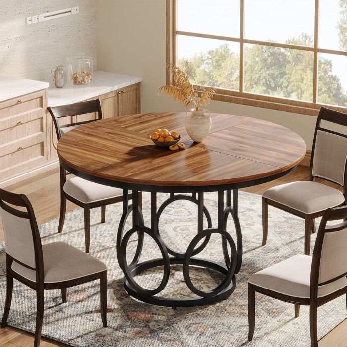 Tavolo da pranzo rotondo, Little Tree, 120×120×75 cm, tavolo da cucina in legno con robusta base in metallo per 4-6 persone, marrone