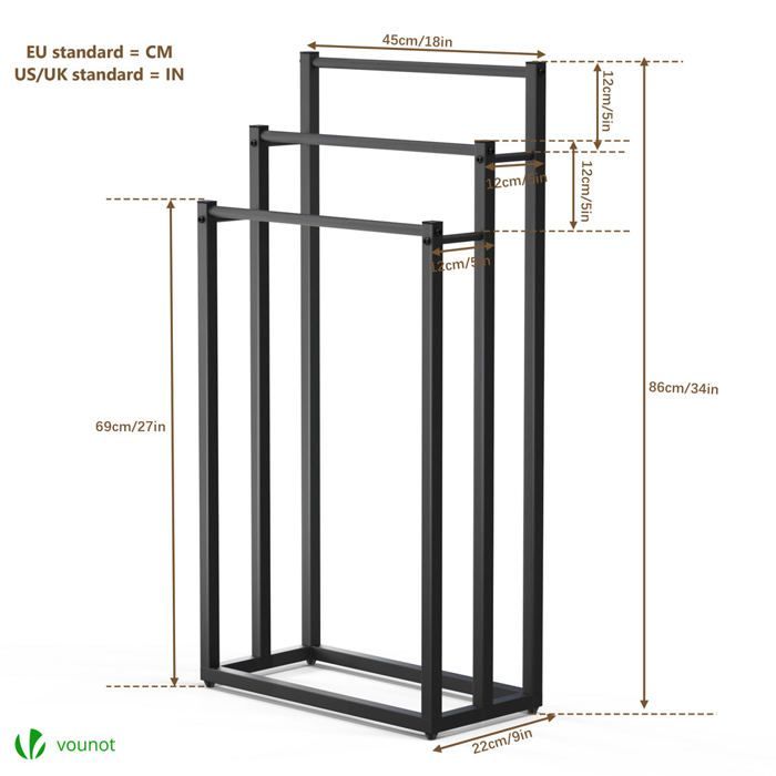 Toallero independiente VOUNOT® - Soporte de 3 niveles - Metal - Negro