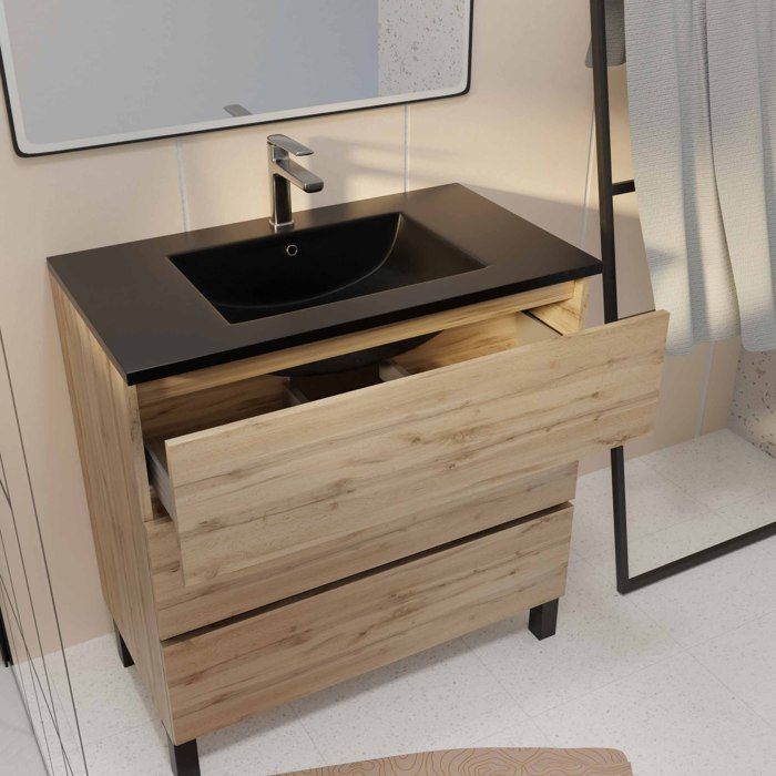 Mueble de baño de 80 cm con 3 cajones en roble natural + lavabo de cerámica negra - MADERA