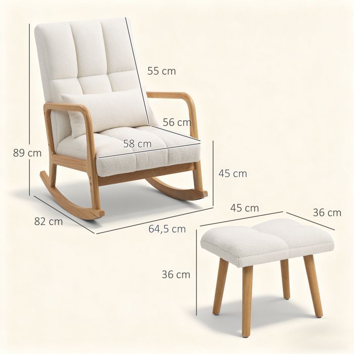 Mecedora con reposapiés - HOMCOM - tejido bouclé - patas de madera - 64,5 x 82 x 89 cm - blanco