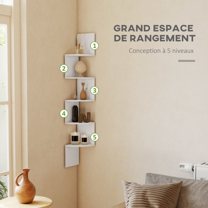 Étagère d'angle murale - HOMCOM - rangement forme zigzag 5 niveaux gain de place - bois - 20x20x126cm - blanc