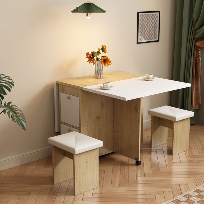 Set Table à Manger + 4 Chaises – Blanc + Chêne – Table Extensible/Pliable 120x80 cm – Design Moderne – Multifonction