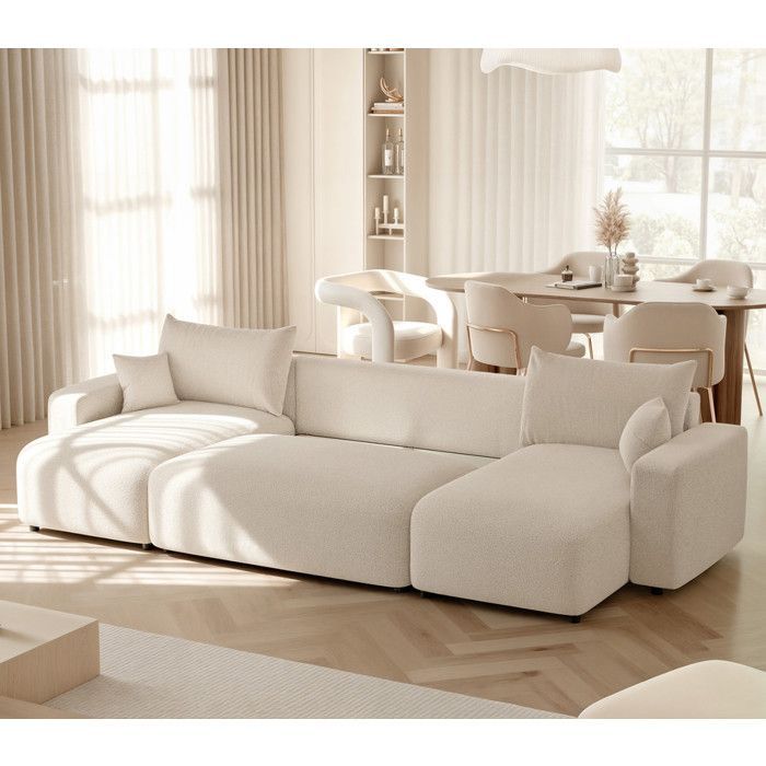 Sofá de canto panorâmico PIANO U - 7 lugares - Sofá conversível com espaço de armazenamento - Tecido creme macio ao toque
