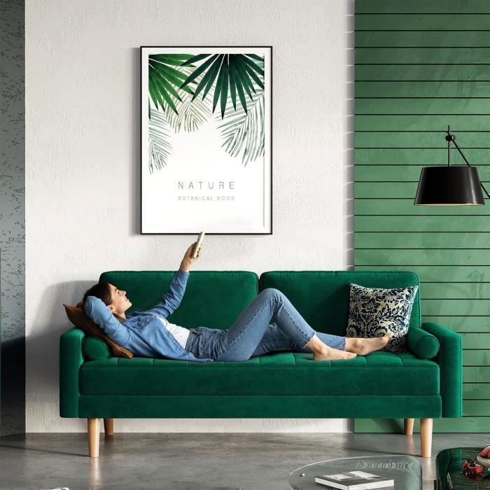 Canapé 3 Places en Velours Confortable,Canapé Scandinave avec 2 coussins pour salon,Fauteuil Moderne 78×176×85cm,Vert