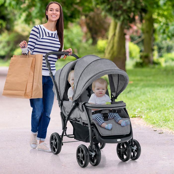 Cochecito doble plegable COSTWAY con capota ajustable, manillar, 4 ruedas con amortiguación, arnés de 5 puntos y capacidad de carga de 30 kg - Gris
