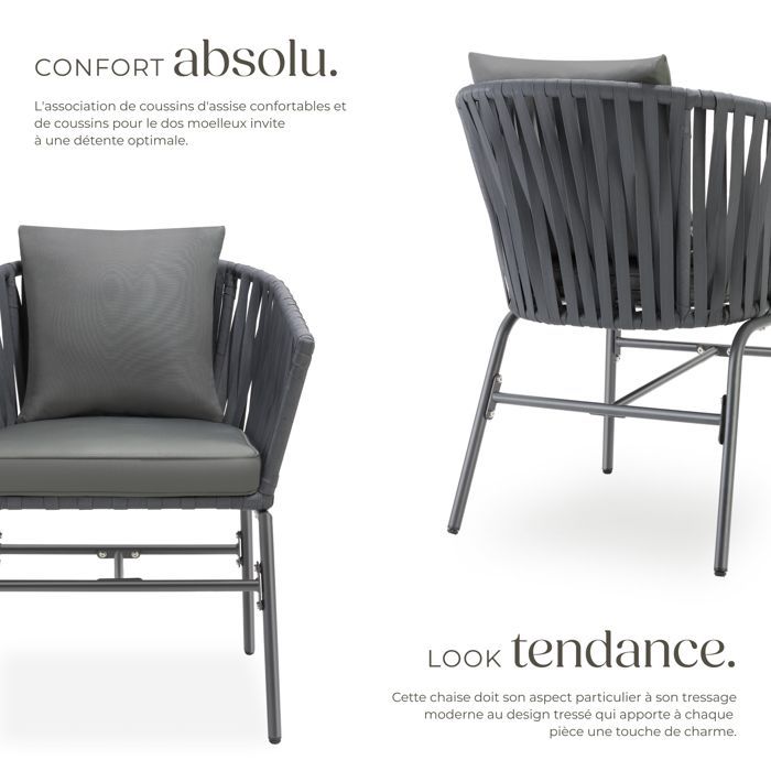Sedie da giardino - TECTAKE - Set di 2 sedie VALEIRAS con effetto corda intrecciata e rivestimenti sfoderabili, 60 x 61 x 77 cm - Grigio