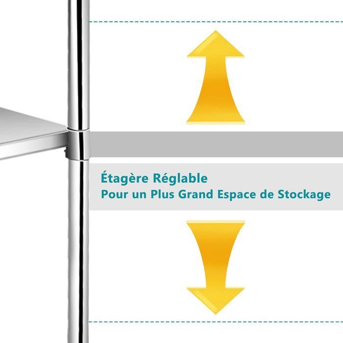 COSTWAY Table de Cuisine en Acier Inoxydable à Roulettes Verrouillables 122x61x90cm Etagères Inférieure Réglable Plan de Travail