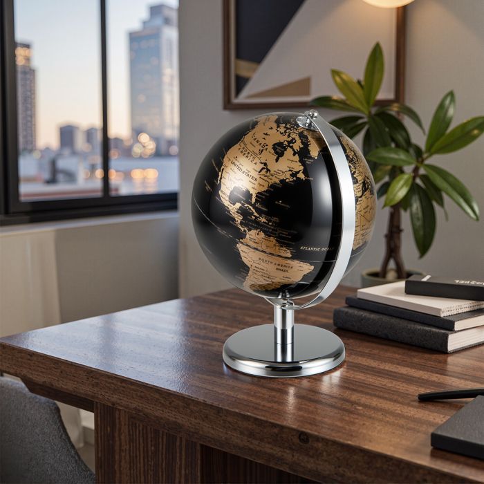 LIFEZEAL Globe terrestre antique de 20 cm avec pied en métal argenté - Pour étudiants et adultes, Décoration,Noir+Doré