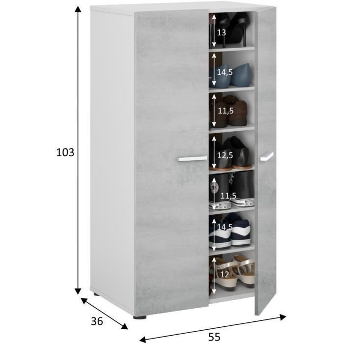 Meuble d'entrée - meuble à chaussures - 2 portes - décor effet béton - L55 x  P36 x H103 cm - STAR
