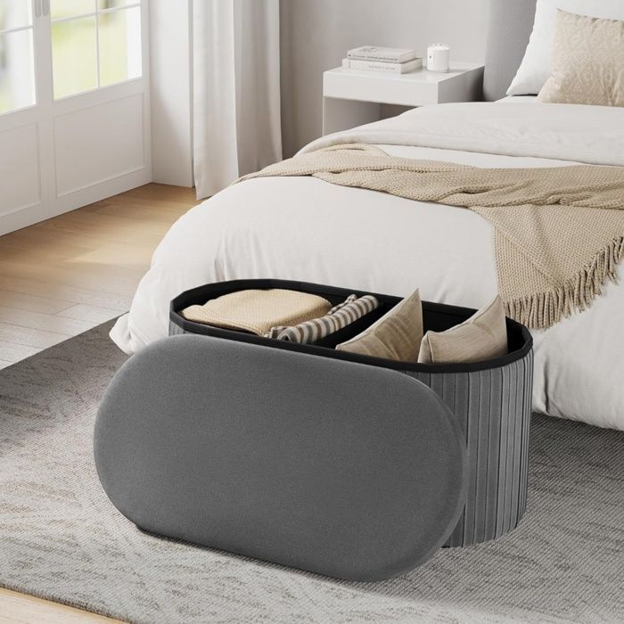 Pouf avec Rangement - WOLTU Coffre Ovale Pliable - Velours - 76x38x38cm - Gris Foncé