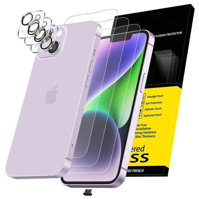 Kit com 6 peças: 3 protetores de tela de vidro temperado para iPhone 14 (6,1 polegadas) e 3 protetores de câmera traseira - Antirriscos - Sem bolhas
