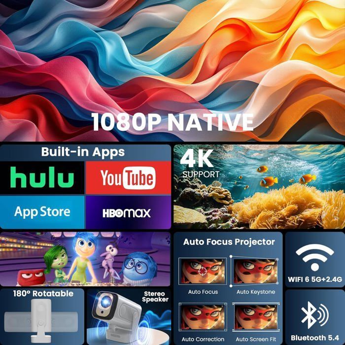 Vidéoprojecteur 2026[Auto Focus & 1080P Natif & Apps Intégréess] Rétroprojecteur 4K Auto Correction Wifi 6 Bt 5.4 Mini Proj[XV60]
