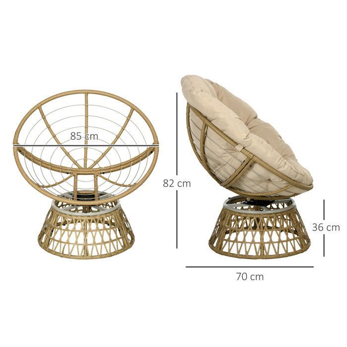 Papasanstoel - Outsunny - PE-rotan vlechtwerk - 360° draaibaar - gewatteerd kussen - 85 x 70 x 82 cm - kaki
