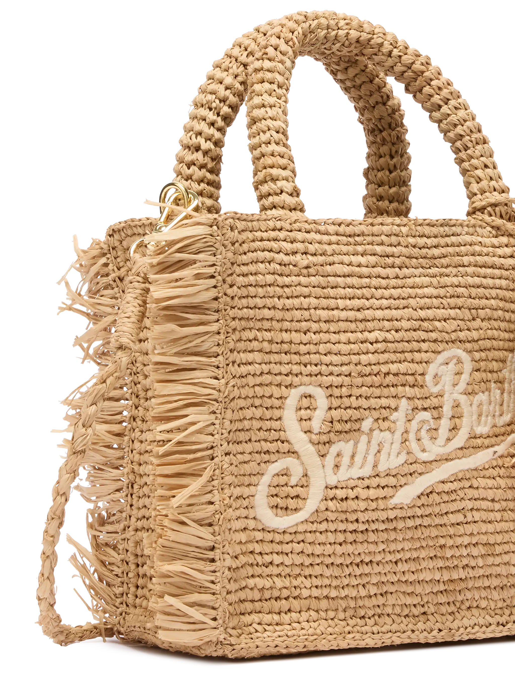 Mini toilettasje van raffia met franjes en borduurwerk in Saint Barth-stijl.