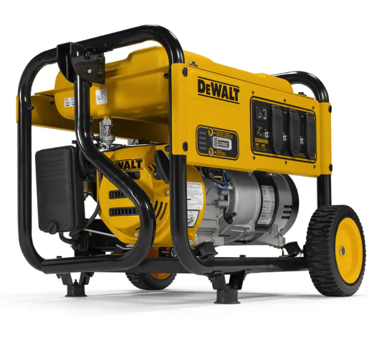 Gerador a gasolina portátil DEWALT de 6500 W com partida manual, controle de marcha lenta, tomadas protegidas e proteção contra CO2.