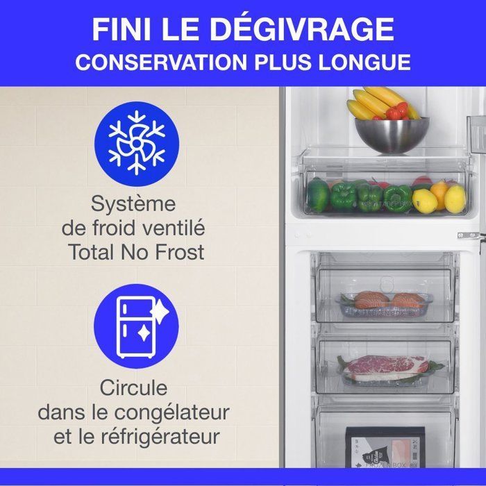 Continental Edison bottom-freezer refrigerator - 251L - Total No Frost - Stainless steel - W 54 cm x H 180 cm